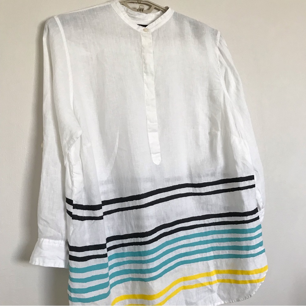 Lauren Ralph Lauren Striped Linen Tunic Top Size 2X White Band Collar Relax Fit - Picture 2 of 15